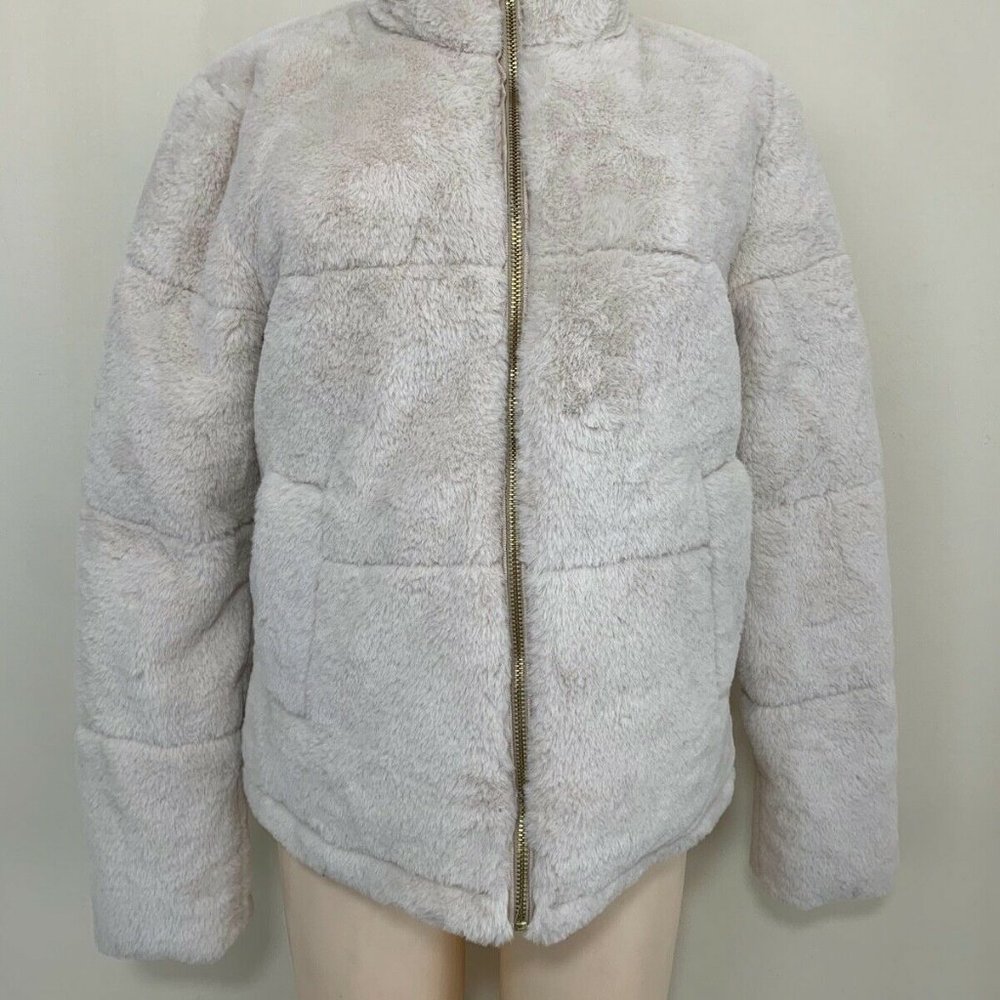 ZARA Cream FAUX FUR JACKET  ZIP SNAP FRONT large